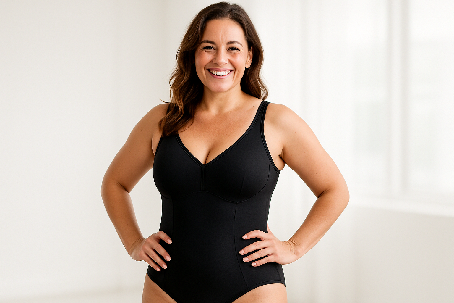 a 35 yearold women smiling with one hand on her hip wearing  swimming suit shapeware - she is happy she bought the product