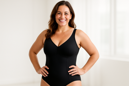 a 35 yearold women smiling with one hand on her hip wearing  swimming suit shapeware - she is happy she bought the product