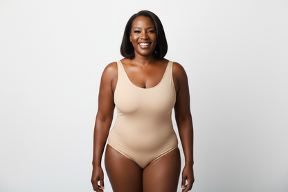 Create an image of a 55 year old  plus size elegant black women wearing a swimming suite style shape were color beige and smiling showing confidence 