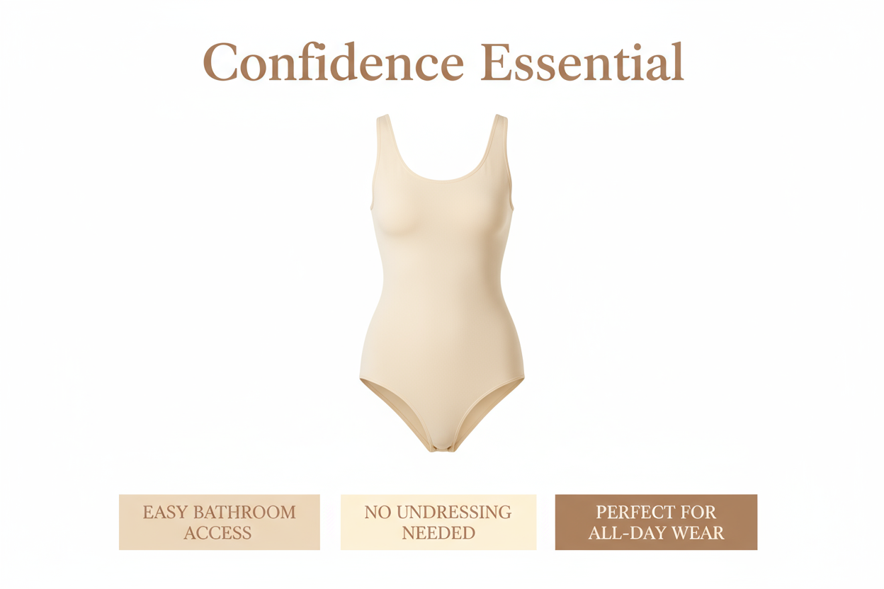 create the "Confidence Essential" ad style, optimized for a product page, specifically showcasing your smooth, plain shapewear. The focus will be on its key benefits for your 45+ audience, like "Easy Bathroom Access," "No Undressing Needed," and "Perfect for All-Day Wear."