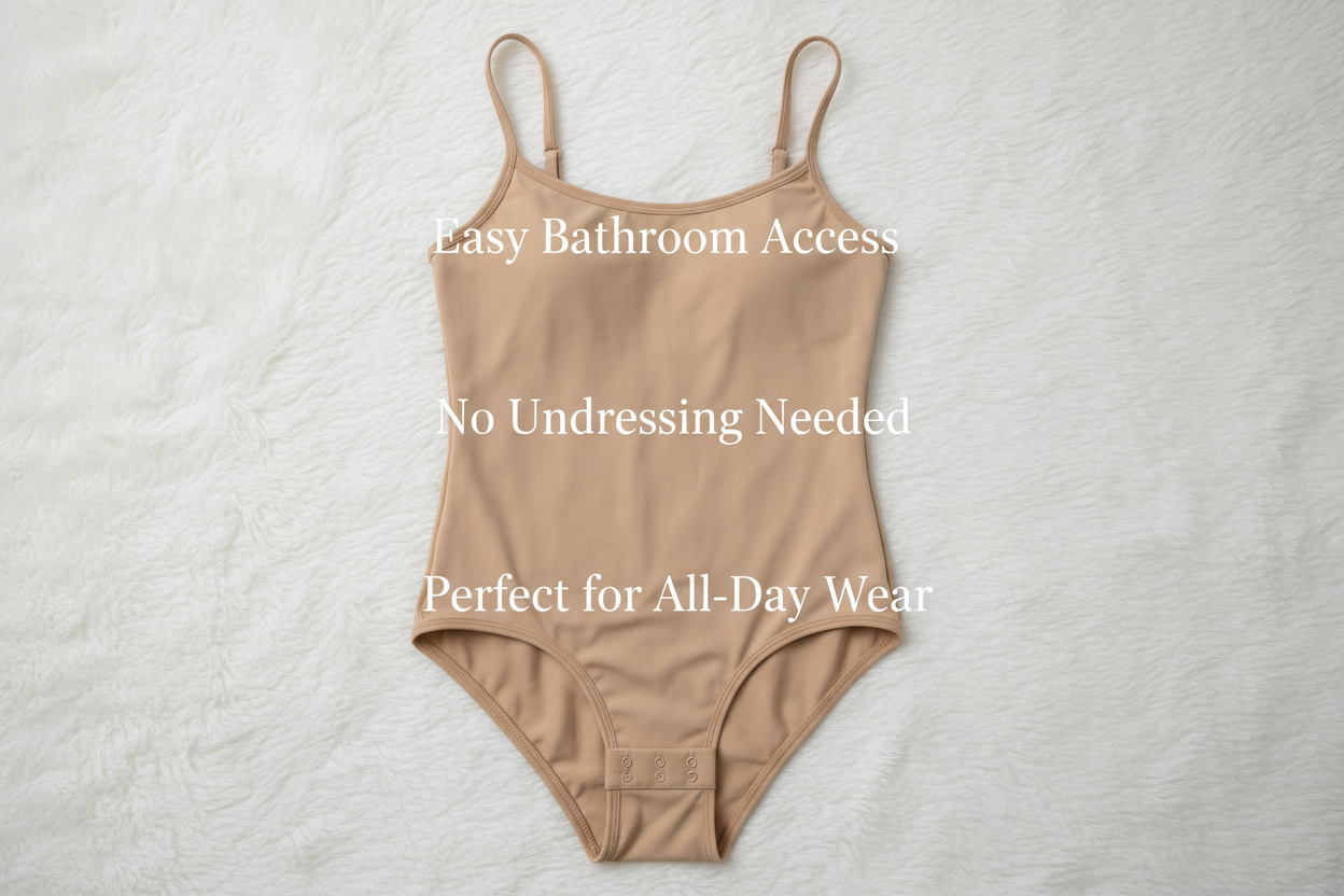 Scene:
- A beige swimming  suit style with a tine sholder strap  garment laid flat on a neutral background (white or soft beige)
- Clearly display the bottom of the shapewear, show only one the snap-button crotch area
- Include simple, stylish text overlays:
   - “Easy Bathroom Access”
   - “No Undressing Needed”
   - “Perfect for All-Day Wear”
