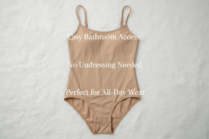 Scene:
- A beige swimming  suit style with a tine sholder strap  garment laid flat on a neutral background (white or soft beige)
- Clearly display the bottom of the shapewear, show only one the snap-button crotch area
- Include simple, stylish text overlays:
   - “Easy Bathroom Access”
   - “No Undressing Needed”
   - “Perfect for All-Day Wear”
